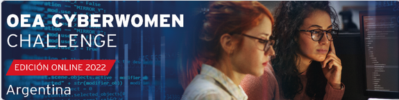 OEA Cyberwoman Chllenge. Edición Online 2022. Argentina. Dos mujeres adelante de una pantalla donde se visualiza código de programación. Imagen de fondo azul con letras celestes que ilustran código de programación