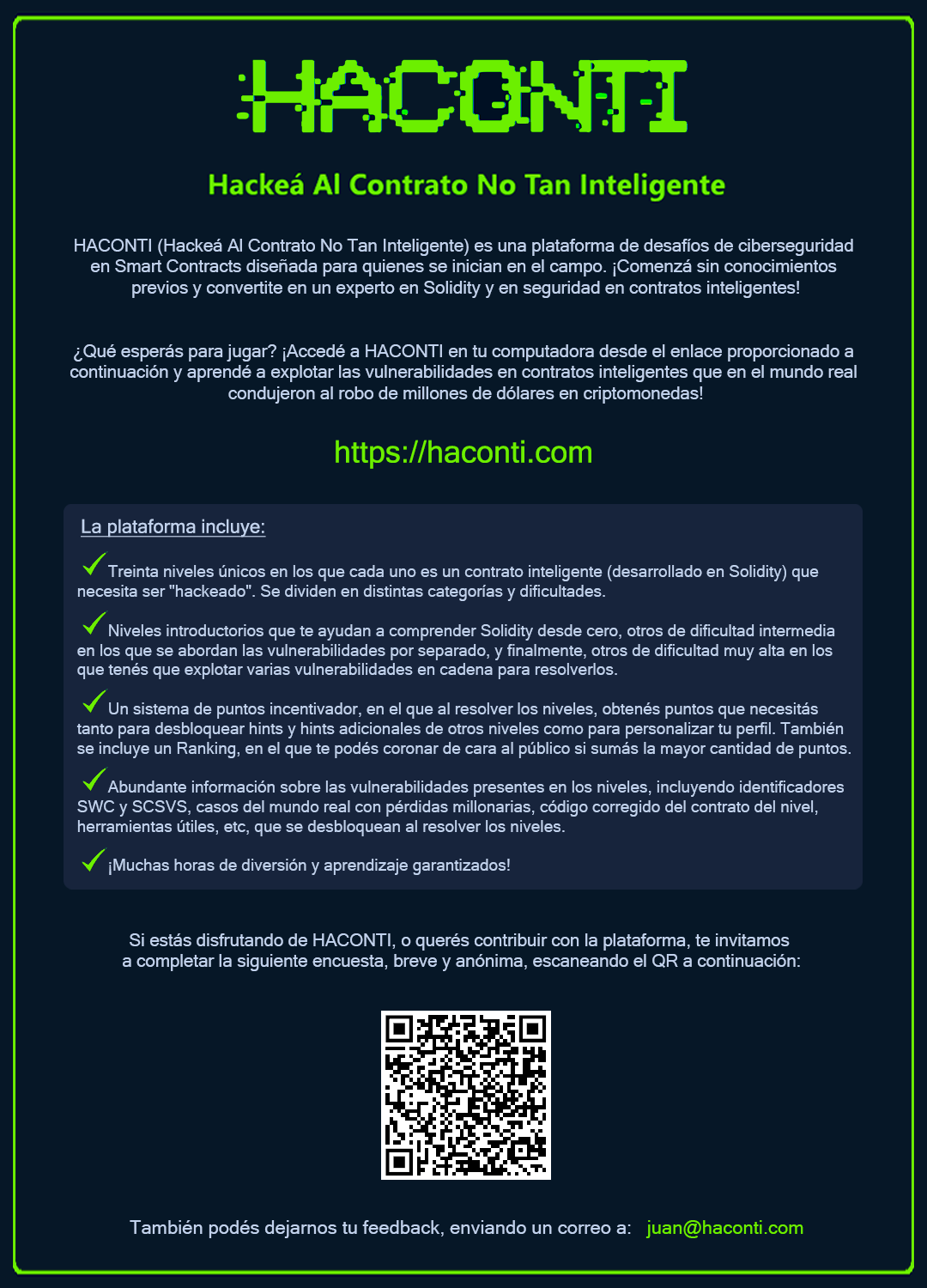 Te invitamos a jugar el CTF https://haconti.com, con desafíos de ciberseguridad en smart contracts.